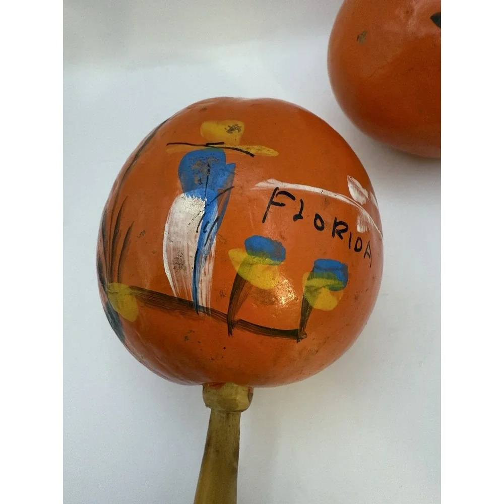 Vintage Hand Painted Florida Gourd Maracas Wooden Handle Pair Souvenir‎